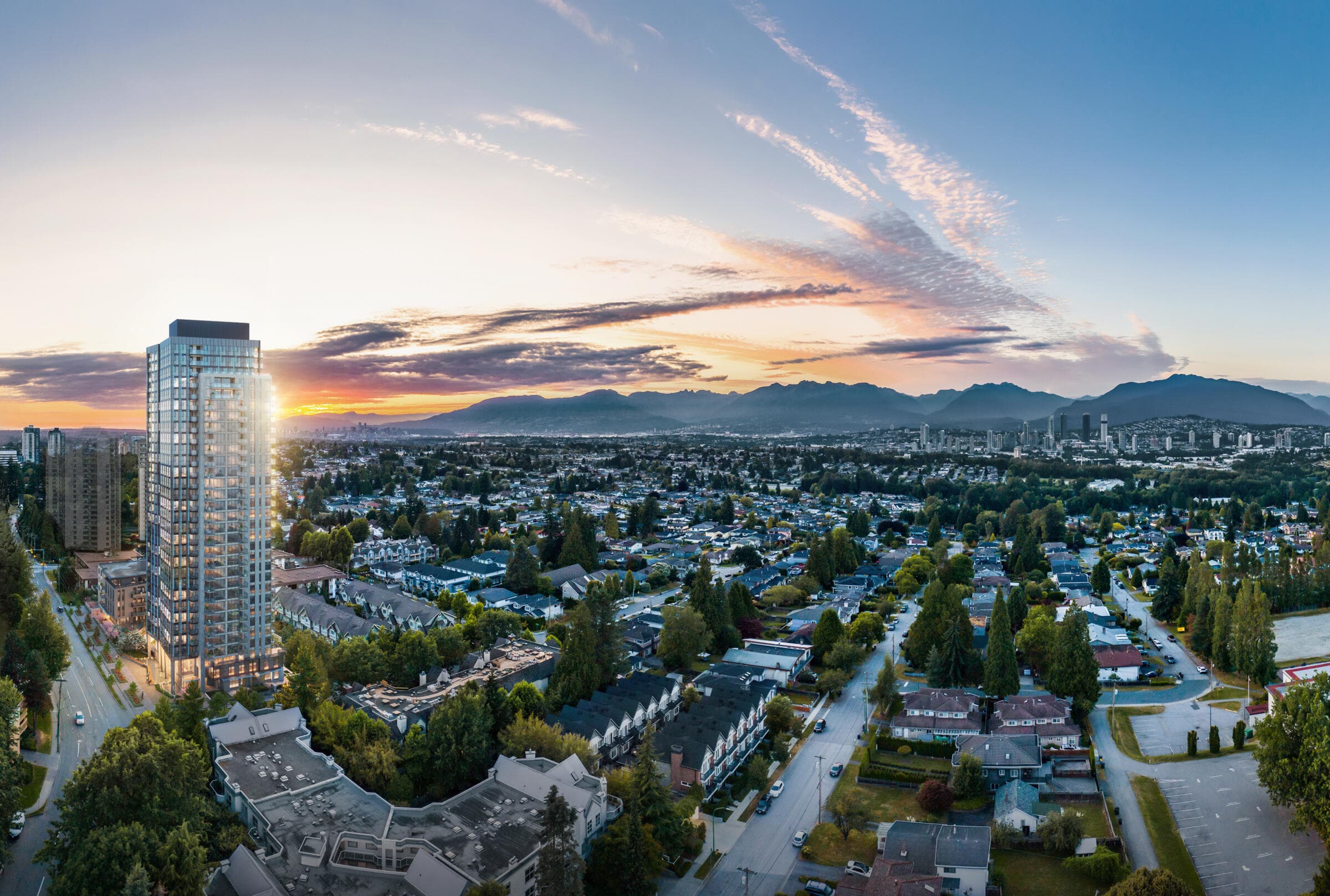 The Artesia tower against the Metrotown skyline at dusk