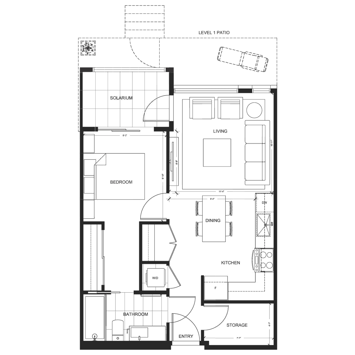 Floorplan drawing — Aria plan Suite G, 1 Bedroom + Storage, 630 sq.ft.