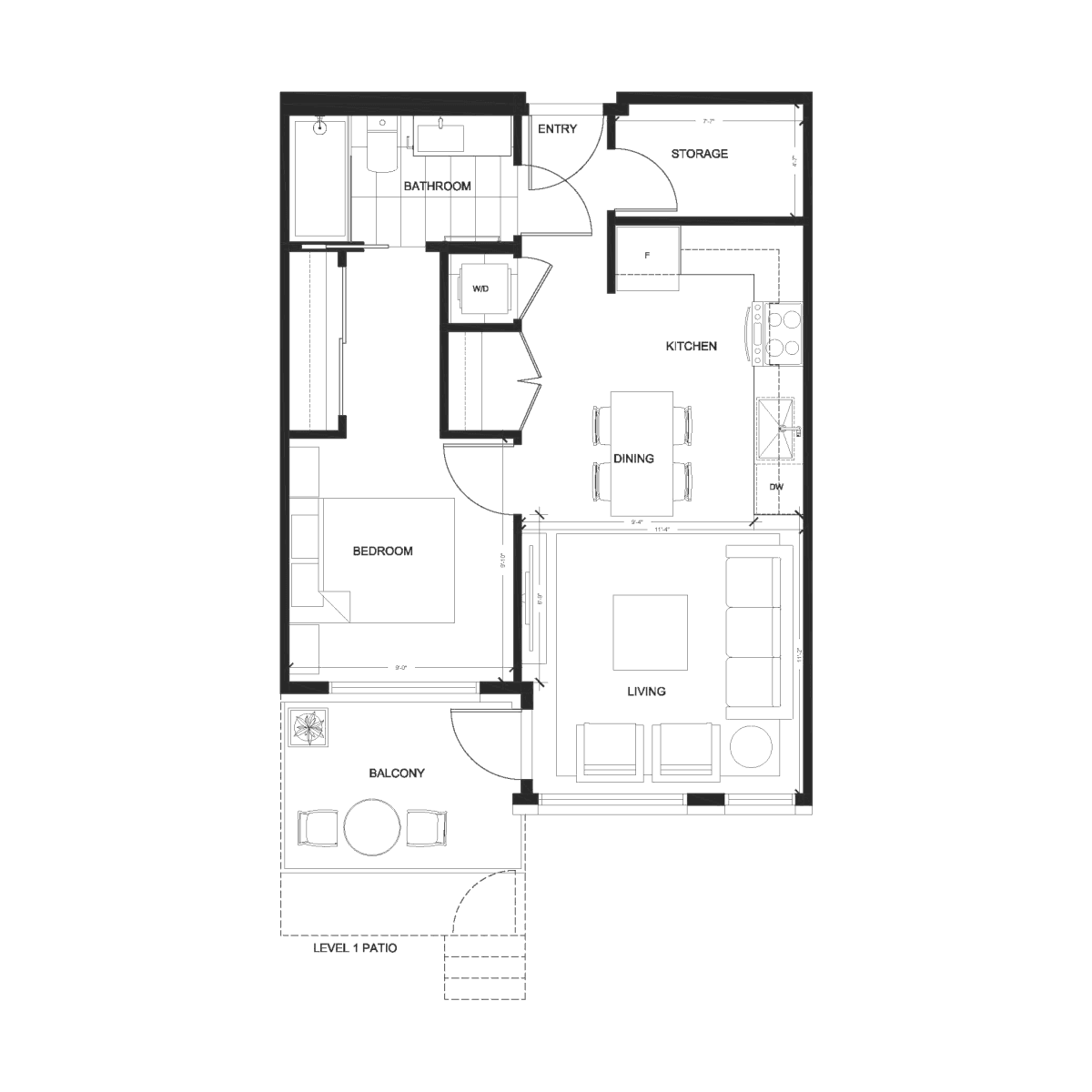 Floorplan drawing — Aria plan Suite G1, 1 Bedroom + Storage, 570 sq.ft.