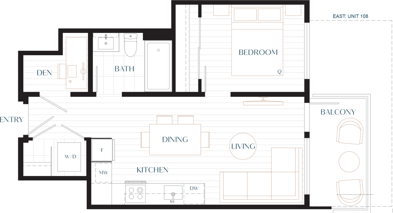 Floorplan drawing — Seasons plan A3a, 1 Bedroom + 1 Bath + Den, 495 sq.ft.