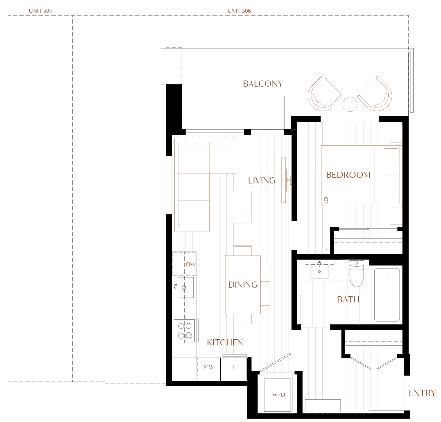 Floorplan drawing — Seasons plan A5, 1 Bedroom + 1 Bath, 496 sq.ft.