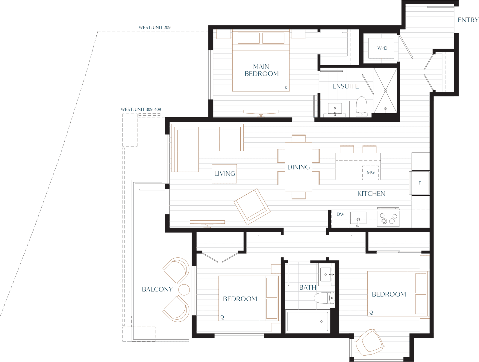 Floorplan drawing — Seasons plan C1a, 3 Bedroom + 2 Bath, 1,005 sq.ft.